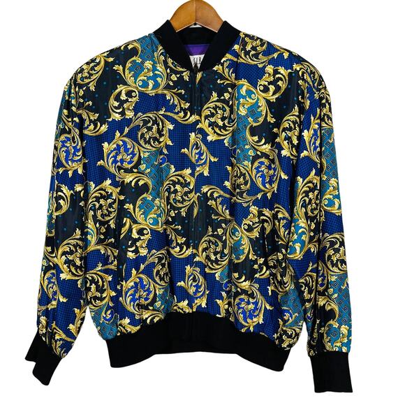 Vintage 80s SLB 100% Silk Bomber Jacket Full Zip Jacquard Checker Long Slv - L - Picture 1 of 6